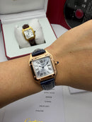 Cartier Santos Dumont 36mm - Aço/Mostrador Azul Couro Dourado
